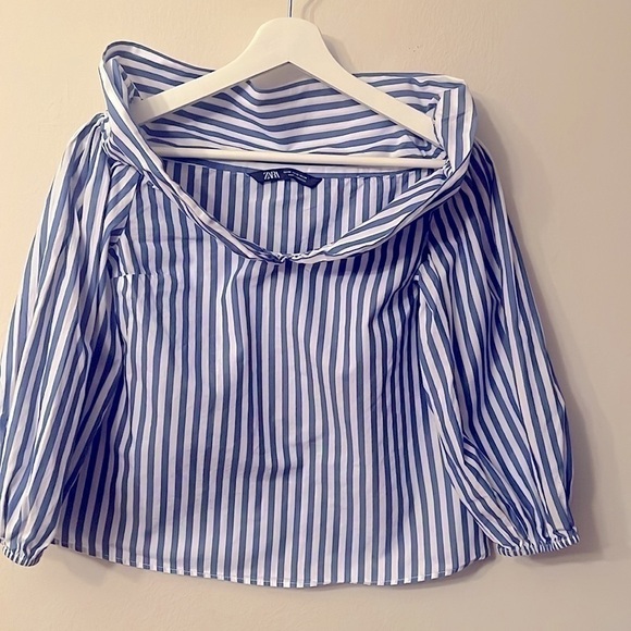 ZARA Blue and White Stripe Off Shoulder Top with Collar SZ XS coastal preppy - Picture 5 of 5